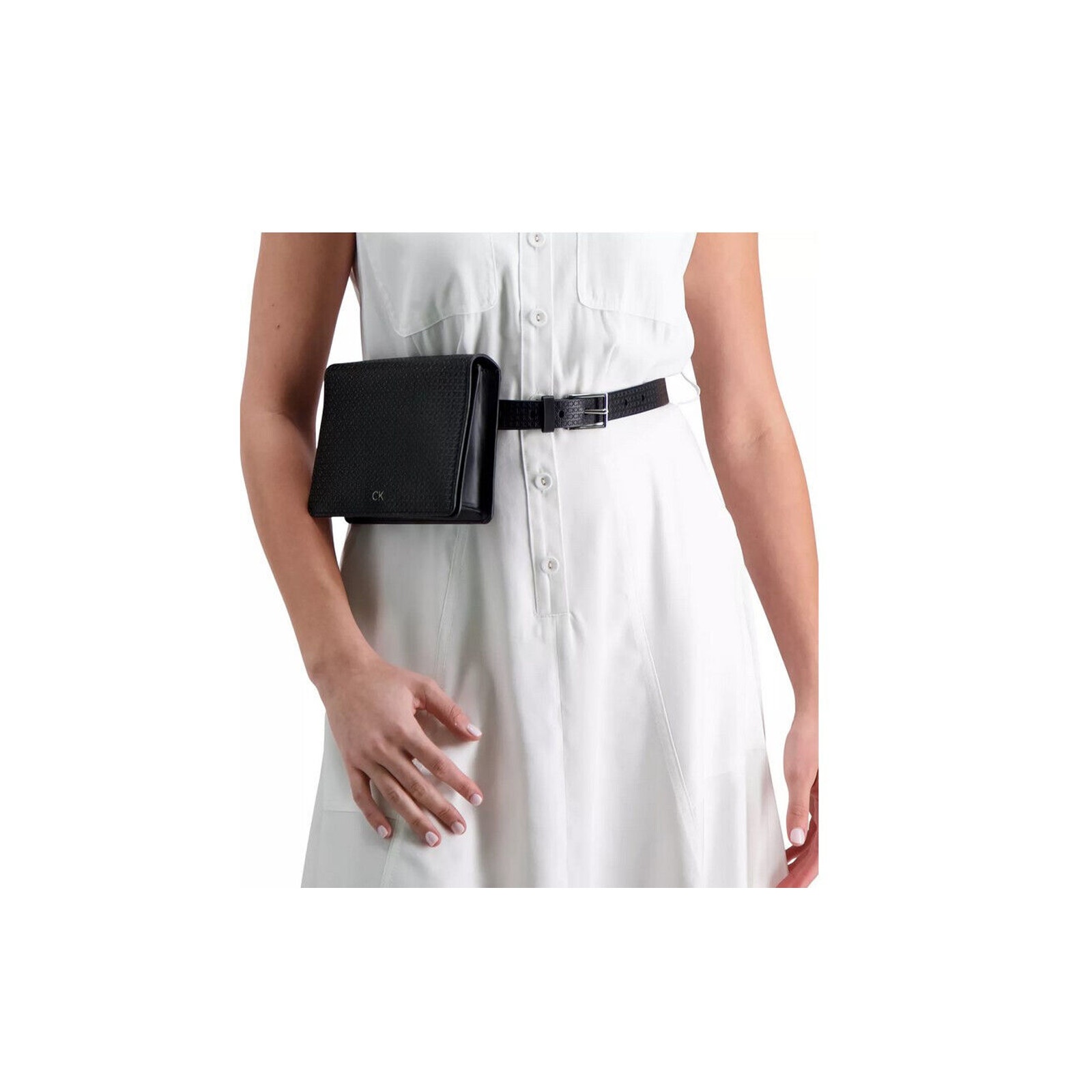 Calvin Klein Wide Flap Embossed Monogram Belt Bag Black Belt Size M